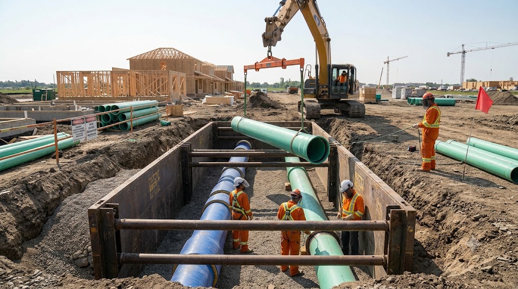 water main being installed near new housing development